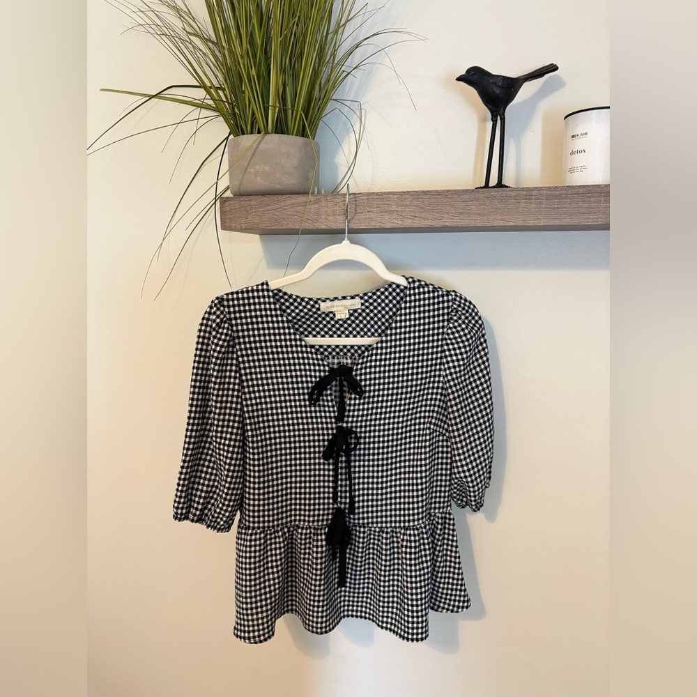 Monteau Black and White Gingham Peplum Top with Bow Ties